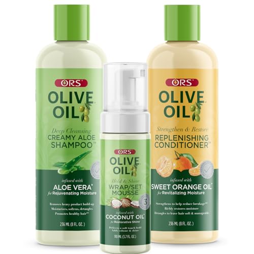 ORS Olive Oil Shampoo, Conditioner & Wrap Set Mousse with Aloe Vera, Orange & Coconut Oil for Healthier Hair (3 Piece Set)