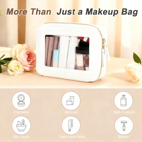 Clear Makeup Bag, Waterproof Portable Cosmetic Bag, Travel Organizer with Zipper, White