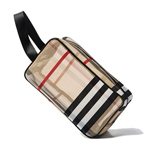 PVC Stripe Cosmetic Bag Waterproof Zipper Makeup Bag Multifunctional Large Capacity Mesh Bathroom Travel Storage Portable Bag Easy to Organize for Women Girl Khaki
