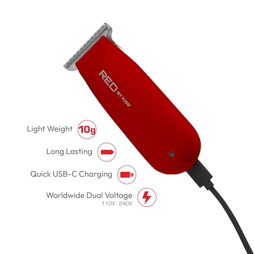 Red by Kiss Hair Clipper, Mini Cordless Hair Trimmer, Long Lasting Hair Cutting Kit, USB-C Rechargeable Haircut Beard Trimming Clippers for Men Women Kids, Portable Grooming Kit (Red)