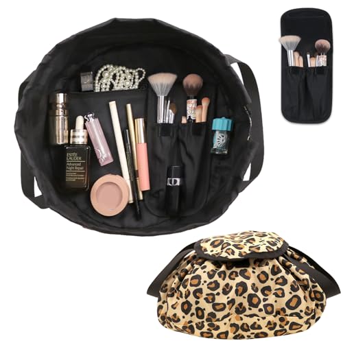 Drawstring Makeup Bag Open Flat ¡§C Barrel Drawstring Cosmetic Bag for Women Toiletry Bag for Travel with Brush Bag (Leopard)