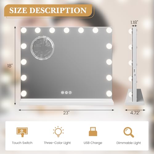 GAOMON Makeup Mirror with Lights, Multifunctional Smart Touch Vanity Mirror with 15 Dimmable LED Lights and 3 Lighting Modes, 3X Magnification, Tabletop or Wall Mount, Dressing Room/Bedroom