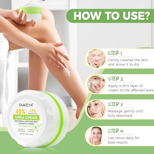 OUKEYA 40 Percent Urea Foot Cream,with Salicylic Acid,Tea Tree Oi & Ceramides,Cracked Heel Smooth | Dry Skin Exfoliator | Nourishes | For Foot,Hands, Elbows, Knees 5.29 Oz