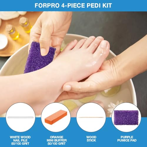 ForPro 4-Piece Pedi Kit, 100-Count, Individually-Packed Pedicure Set, Purple Pumice Pad, White Wood Nail File 80/100 Grit, Orange Mini Buffer 80/100 Grit, Wood Stick