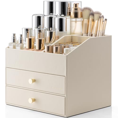 VLANDO Makeup Organizer for Vanity,Large Capacity Countertop Organizer with Drawers, PU Leather Cosmetic Display Case for Lipstick,Brushes,Skincare,Bedroom Storage (Beige)
