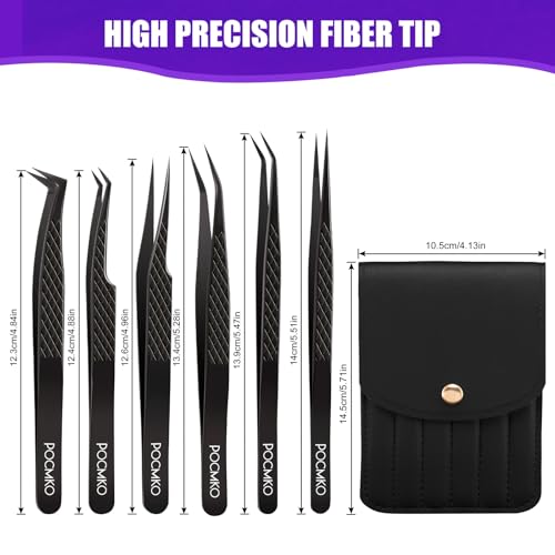 Fiber Tip Lash Tweezers for Eyelash Extension, High Precision Eyelash Tweezer Set with Diamond Grip, Lash Extension Tweezer Kit for Classic & Volume Lashes, Must-Have Tweezers for Lash Artists