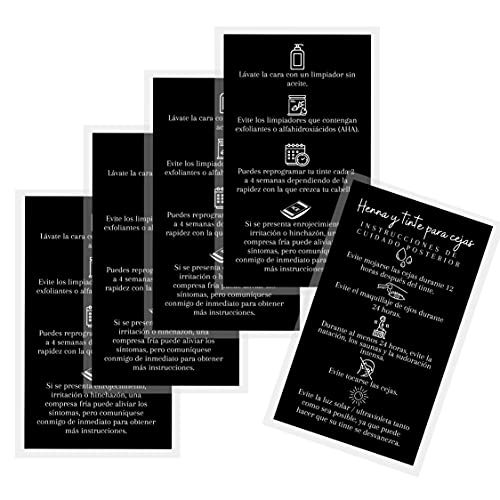 SPANISH Brow Tint & Henna Aftercare Card | Henna y Tinte Para Cejas | 50 Pack | Size 2x3.5¡± inches Business Card | Starter Lift Kit with Tint at home diy supplies | Black with White Design