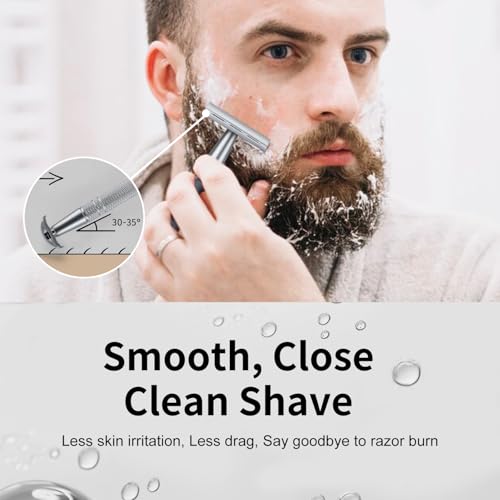 BULIMICA Matte Silver Safety Razor Kit, Includes 1 Safety Razor with 10 Blades and 1 Razor Blade Bank with 30 Blades