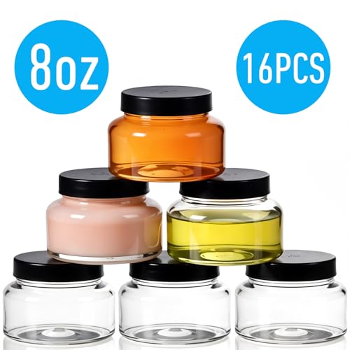 16 Pack 8 Oz Plastic Jars with Lids, Clear Body Scrub Containers Empty Refillable Containers Round Low Profile Samples Jars for Makeup, Body Butter, Creams, Slime, Travel Storage