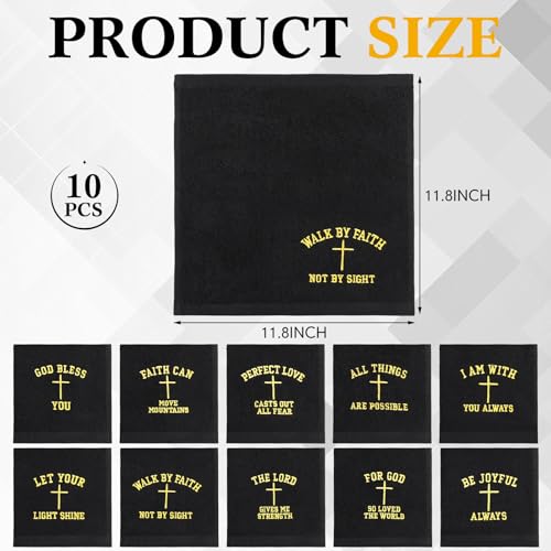 10 Pcs Christian Gifts for Men Women Cotton Wash Cloths 12 Inch Hand Towels Bible Verse Appreciation Gifts for Pastor Church Member Employee Coworker Party Favors Supplies(Black)