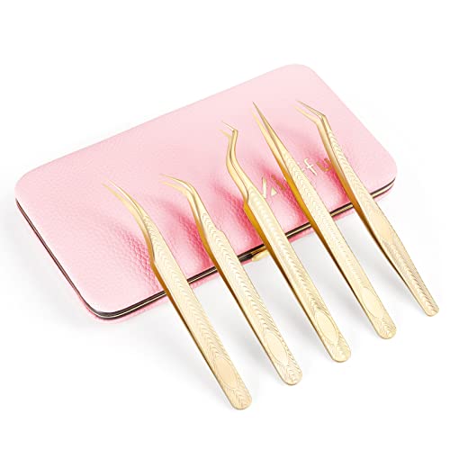 5 PCS Lash Extension Tweezers Set, Stainless Steel Professional Eyelash Extension Tweezers for Volume, Isolation and Classic Lashes