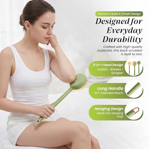 Back Scrubber for Shower with Long Handle (15.7¡±) ? Dual-Sided Bath Brush with Loofah Sponge, Replaceable Heads, Easy Reach for Back & Body, Includes 2 Wall Hooks