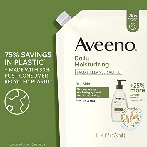 Aveeno Daily Moisturizing Facial Cleanser with Soothing Non-GMO Oat, Leaves Skin Feeling Hydrated, Soft & Supple, Paraben-, Sulfate-, Fragrance-, Dye- & Soap-Free, Refill Pouch, 16 fl. oz (Pack of 3)