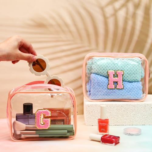 12 Personalized Initial A-z Preppy Patch Clear Makeup Bag Initial Letter Beach Travel Toiletry Cosmetic PVC Bag DIY Chenille Letter Patches Easter Exchange Gifts(Pink, Pink Letters)