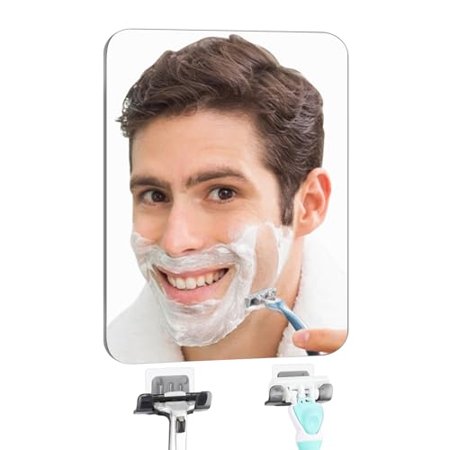 Shower Mirror Fogless Shaving with Razor Holder for Shower, Anti Fog Shower Mirror & includes 2 Razor Hooks & 2 Mirror Hooks, Easy Install & Unbreakable, Mirror for Shower Wall(Small 6.8x5.2in)