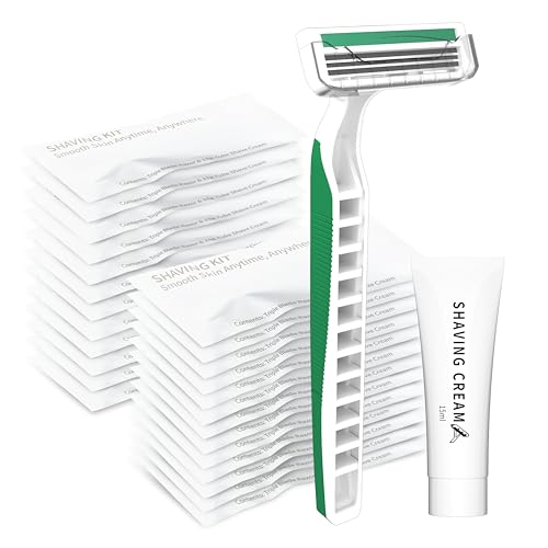 3 Blades Disposable Razors with Cream 50PCS Set for Men & Women, Individually Wrapped Portable Toiletries Amenities for Hotel, Airbnb, Homeless, Shelter, Charity, Camping and Travel On The Go