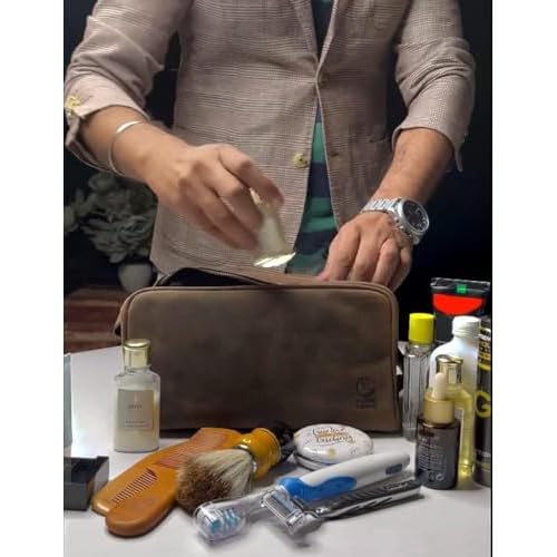 RUSTIC TOWN Full Grain Leather Travel Toiletry Bag - Cosmetic Ditty Kit Organizer (Dark Brown)