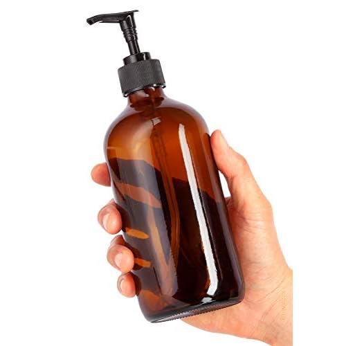 (4 Pack) 16 oz Amber Glass Boston Round Bottle with Black Lotion Pump