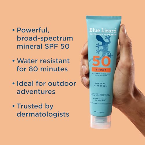 Blue Lizard Sport Mineral SPF 50 Lotion, Ideal for Athletes, 100% Mineral Sunscreen Actives, Fragrance-Free, Paraben-Free, Vegan, 5 fl oz