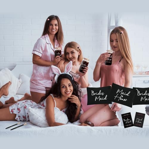 42 pcs Bridesmaid gifts bridesmaid proposal gifts, Maid of Honor Gifts contain 16oz Glass Cups Cosmetic Makeup Bags Invited Cards Scrunchies Hair Knotted Bracelets Diamond Pens love clip (Black )
