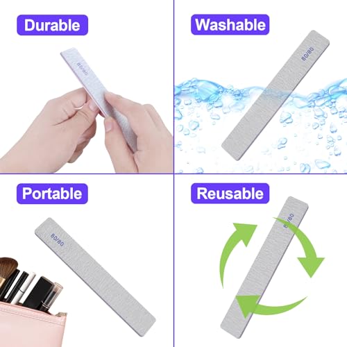 80/80 Grit Nail Files (100 Pack), Heavy Coarse Emery Boards for Acrylic Nails and Gel Nails, 80 Grits Double Sided Nail File Emory Professional Nail Filer Reusable Washable Manicure Square Gray