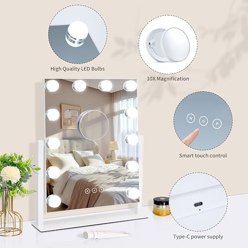 Vanity Mirror with Lights,Lighted Vanity Mirror with 12 Dimmable Bulbs for Dressing Room & Bedroom,3 Color Lighting,Modes Detachable 10x Magnification 360¡ÆRatation (White) 14.6" L x 17" W