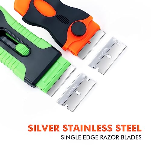 FOSHIO 200PCS Single Edge Razor Blades, Individually Wrapped Stainless Steel Razor Blades for Scraper Tools, Suitable for Removing Labels, Decals, Stickers, Gasket, Silver