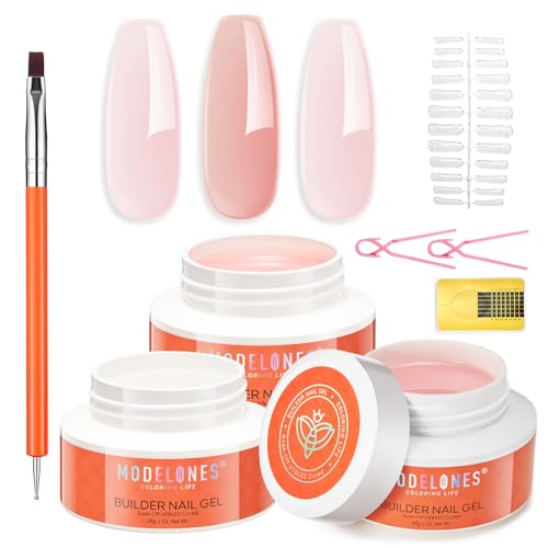 modelones Builder Nail Gel 3 Colors, Clear Nude Pink Builder Hard Gel Nail Kit with Dual End Brush, Acrylic Clamps, 100PCS Paper Forms for Building Sculpting LED Cured Extension Apex