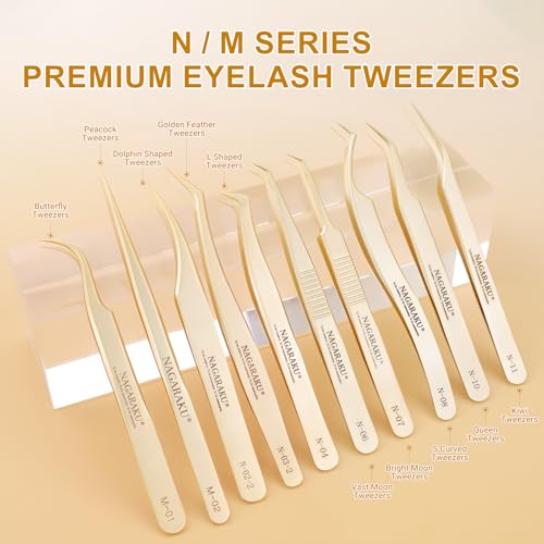 NAGARAKU Tweezers for Eyelash Extensions Curved Lash Tweezers for Volume Lashes Precision Pinzas Professional Easy Fanning Stainless Steel Precise Pointy Make Fans for Lashes Fanning(N-10)
