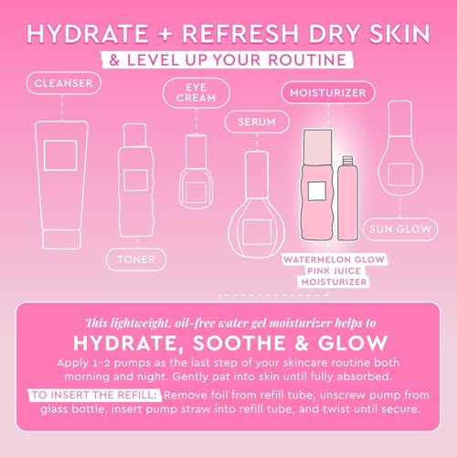 Glow Recipe Refill Pink Juice Water Gel Face Moisturizer for Women, Men & Teens - Hydrating Hyaluronic Acid, Radiance Boosting, Non-Comedogenic, Oil-Free, Lasting Korean Skin Care for Oily Skin, 60ml