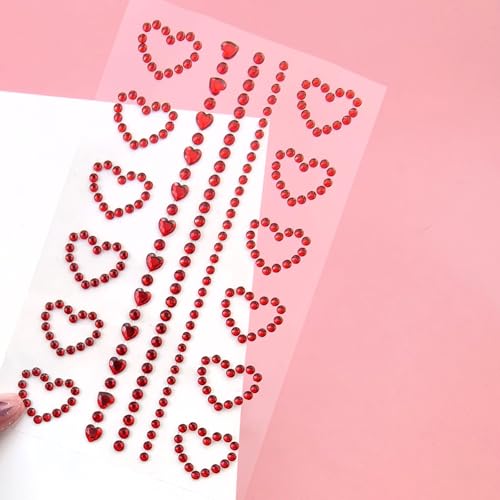 Valentine's Day Face Jewelry Body Face Rhinestone Temporary Tattoo Sticker Set Red Heart Face Gems for Women Girls Festive Face Stickers for Valentine's Day (Red Heart)