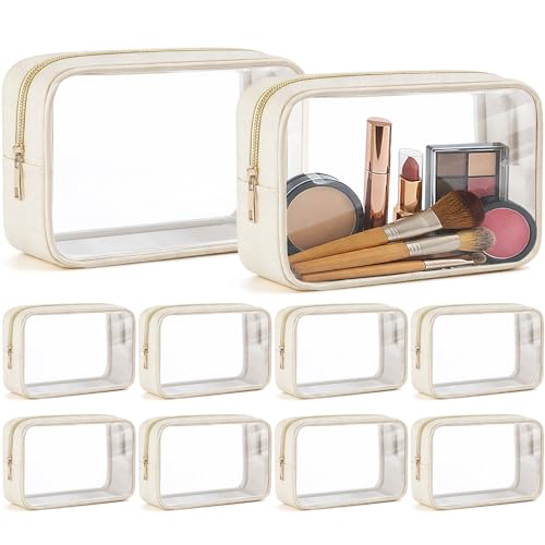 Abbylike 10 Pcs Clear Makeup Bags Bulk PU Leather Portable Travel Cosmetic Case Tsa Approved Toiletry Bags with Zipper Car Console Organizer Waterproof Makeup Pouch for Girl Women Travel (Light Beige)