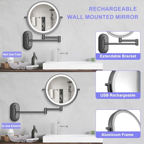 8¡°Wall Mounted Makeup Mirror With Lights, 10x Magnifying Mirror Wall Mount for Vanity, Bathroom and Shaving, Rechargeable Wall Mounted Makeup Mirror Swing Arm with Adjustable Brightness (Black-10X)