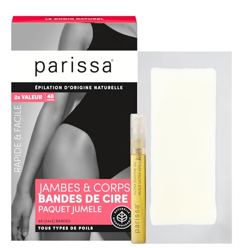 Parissa Natural Legs & Body Wax Strips | Large Ready-to-Use Strips, Beginner-Friendly & Gentle on Sensitive Skin | Includes Post-Wax Ultra Soothe Oil | 48 Strips (24 x 2)