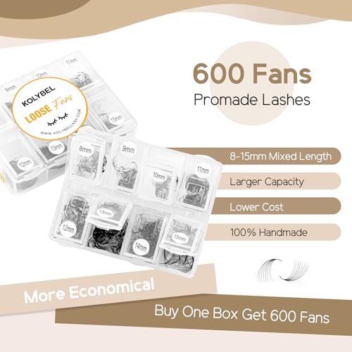 Premade Fans Eyelash Extensions 600 Fans 12D Handmade Volume Lashes Extensions 0.05mm Thickness 8-15mm D Curl Premade Volume Eyelash Extension Middle Stem Promade Lashes(600Fans-12D-0.05D,8-15mm)