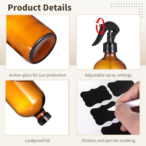 OMISTAR 6 Pcs 16 oz Amber Glass Spray Bottles for Cleaning - Empty Glass Spray Bottle Set with Labels and Pen, Refillable Container for Essential Oils, Trigger Sprayer, Adjustable Nozzl, Leakproof