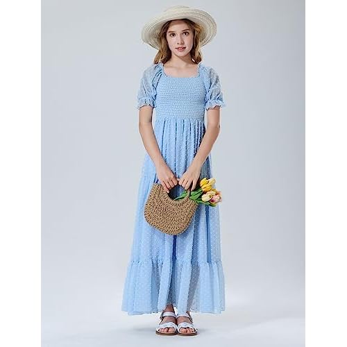 Mebius Girls Maxi Dress Long Smocked Dresses Swiss Dots Square Neck Short Sleeve Casual A-line Flowy for 6-12 Years