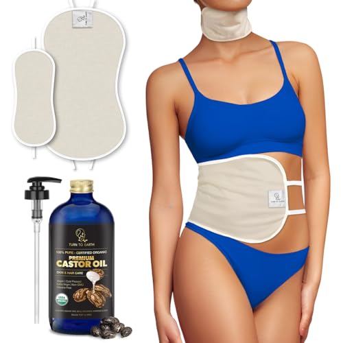 Castor Oil Wrap Kit with Premium Castor Oil and Reusable Organic Abdomen and Neck Detox Wellness Pads with Adjustable Tie Straps, Easy to Use, Mess Free Wellness Pack