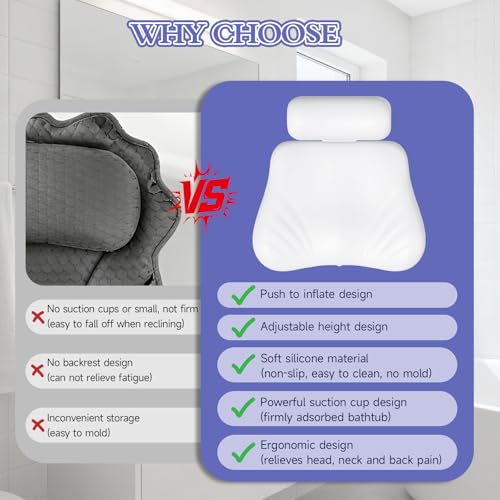 Silicone Bath Pillow, Upgraded Bath Pillows for Tub, Adjustable Height Bathtub Pillow for Head and Neck, 4D Luxury Tub Pillow Skin-Friendly Large Suction Cups Stability, Spa Relaxation-White