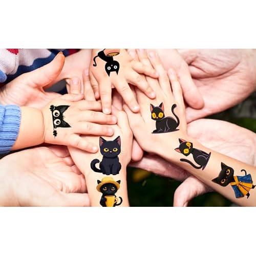 152PCS Black Cat Tattoos Temporary Stickers Cute Animal Pet Halloween Themed Birthday Party Supplies Decoration Favors Goodie Bag Stuffers Tattoo