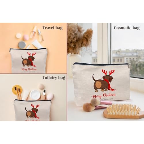 Funny Dachshund Christmas Makeup Bag Cosmetic Bags for Women, Dachshund Gifts for Women, Dachshund Mom Gifts, Dachshund Christmas Small Makeup Cosmetic Bag for Purse