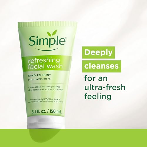 Simple Kind To Skin Refreshing Face Wash - Facial Cleanser with Vitamin B5 and E - Strengthens and Smooths Skin - Vegan, No Harsh Chemicals - 6 pc