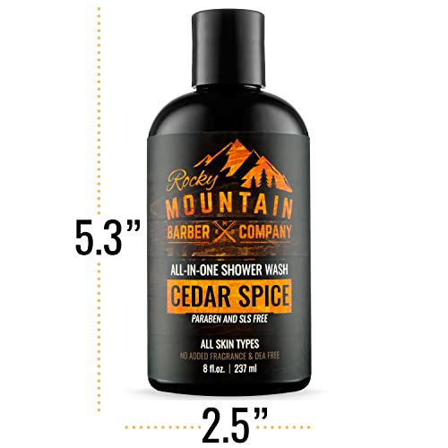 Rocky Mountain Barber Company Cedar Spice All-In-One Body Wash ? Shampoo, Body Wash, Conditioner, Face Wash & Beard Wash with Essential Oils - 8 oz