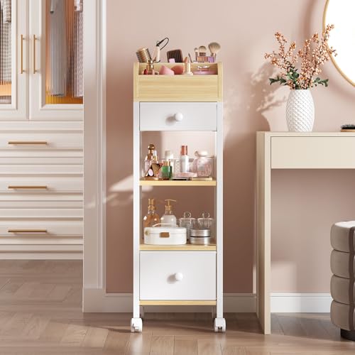 HOOBRO Makeup Organizer Cart with Fabric Drawers, Mobile Makeup Storage with Swivel Casters and Leveling Feet, Cosmetics Display Holder for Bathroom and Bedroom Vanity, White and Natural WN20TC04
