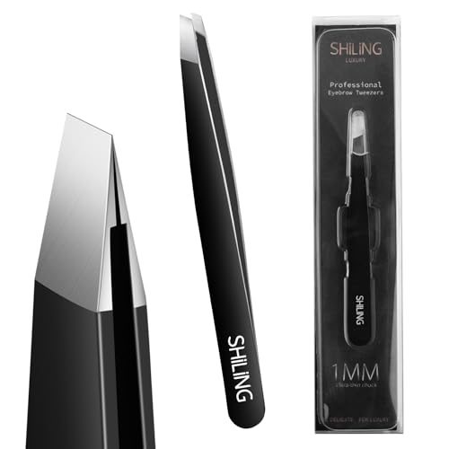 Shiling Professional Eyebrow Tweezers, Black, Stainless Steel, 1mm Ultra-Thin Tip, Anti-Rust Coating, Precision Slanted Design for Facial Hair Removal