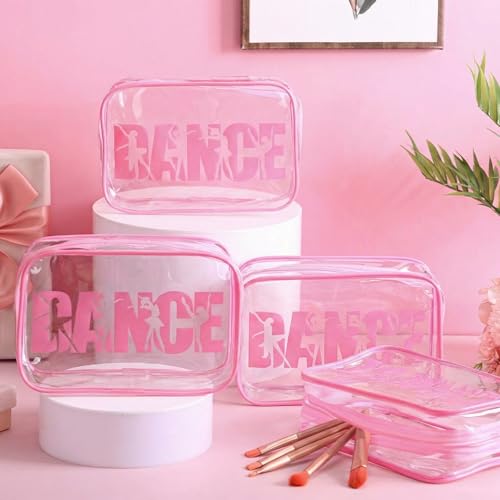 Kacctyen 24 Pcs Dance Makeup Bag Pink Team Gifts Bulk for Ballerina Lover 7 x 4.7 x 2.4 Dance Cosmetic Bag Snack PVC Case Clear Toiletry Zipper Pouch for Women Valentines Cheer Cheerleader Gift