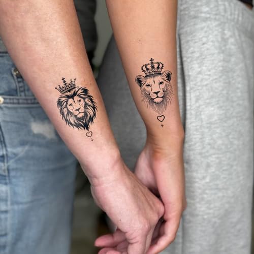 Semi Permanent Tattoos, 2 Sheets Tiny Realistic Temporary Tattoos for Women Men Arm, Fake Tattoo for Party, Waterproof No Reflective, Lasts 2 Weeks (Regal Crown Lion-Head Couple Designs)