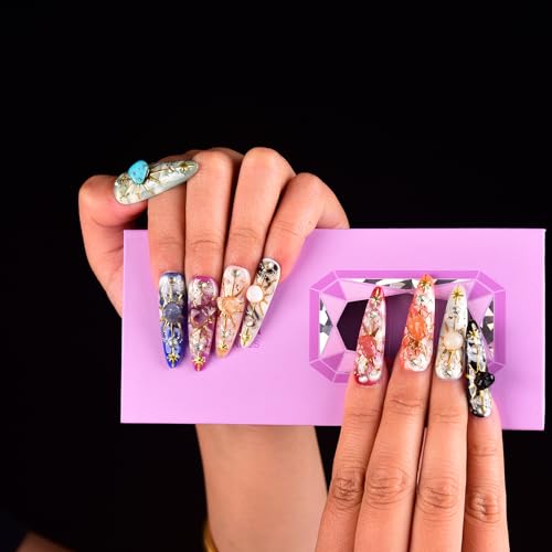Tmani 10pc/set Long Handmade Press On Nail Hot Girl's Long Nails Ten Kinds of Natural Crystal Stone Decoration Fake Nails Suitable For Girls Festival Parties and Birthday Gift(442,M)