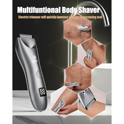 Body Hair Trimmer for Men with Light, Ball Trimmer Men Waterproof, Pubic Groin Hair Trimmers for Man Rechargeable Body Groomer with Standing Recharge Dock,LED Display