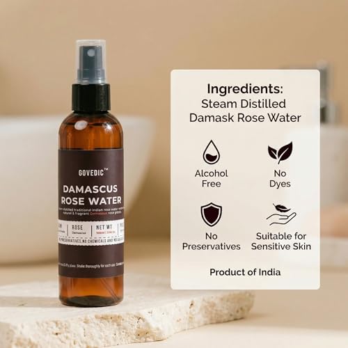 Govedic Rose Water Spray 100ml | Damask Rose Hydrating Face Mist & Toner | Natural Alcohol-Free & No Dyes for All Skin Types | Multi-Use Hydration for Face, Hair & Makeup Setting